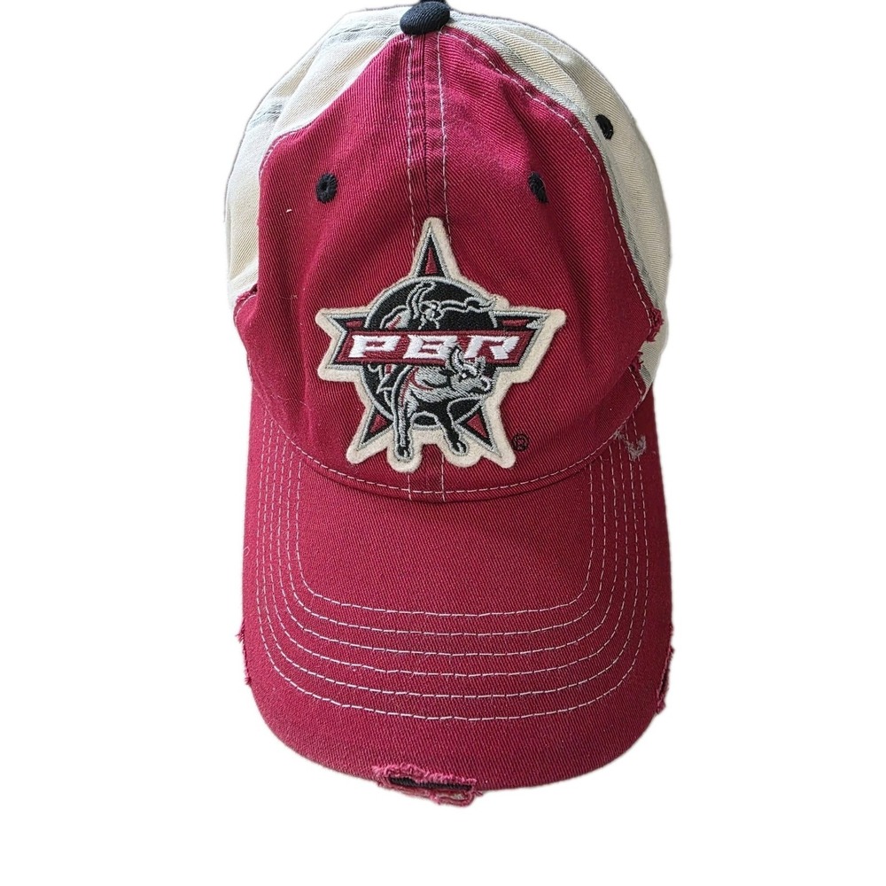 PBR Professional Bull Riders Distressed Baseball Cap Hat Red Tan Adjustable